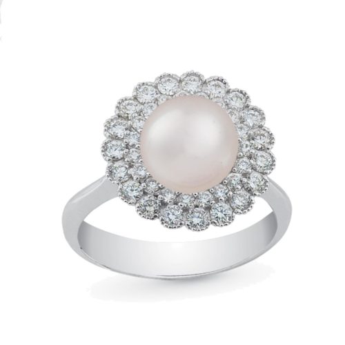 18 kt white gold ring with diamonds and 7.5-8mm sea pearl - AD480-LB