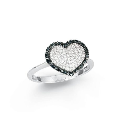 Heart ring in 18kt white gold with white and black diamonds pavé - AD691/DB-4L