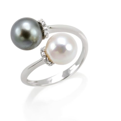 Contrariè ring in 18 kt white gold with diamonds and 7.50-8mm white and black sea pearls - AD695-4B