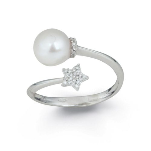 Contrariè ring in 18 kt white gold with diamond pavé star and sea pearl 7-7.50 mm - AD716-4B