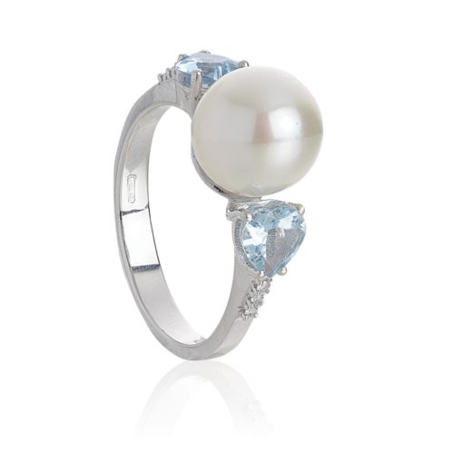 18 kt white gold ring with aquamarine, diamonds and sea pearl 8.50-9mm - AD787/AC-LB