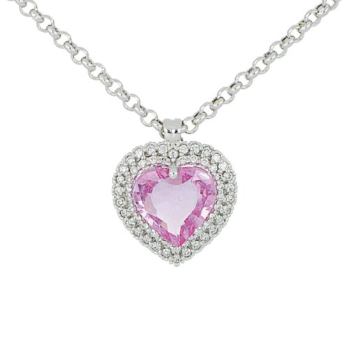 18kt white gold necklace with diamonds and heart-shaped pink sapphires - CD436/ZR-LB
