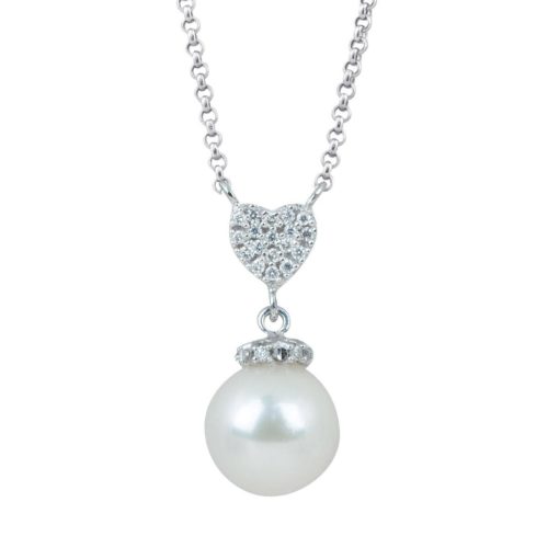 18 kt white gold necklace with diamond pavé heart and sea pearl 7-7.50 mm - CD483-4B