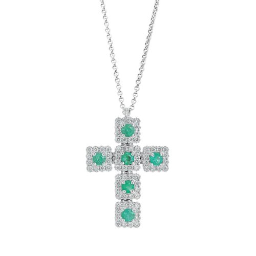 18 kt white gold necklace, cross with diamonds and precious stones - CD538