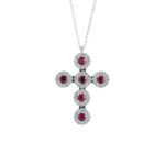 18 kt white gold necklace, cross with diamonds and precious stones - CD539
