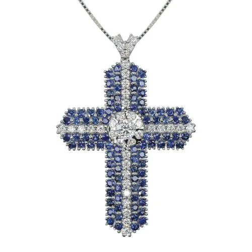 Cross necklace in 18 kt rhodium-plated white gold with diamonds and precious stones - CD629