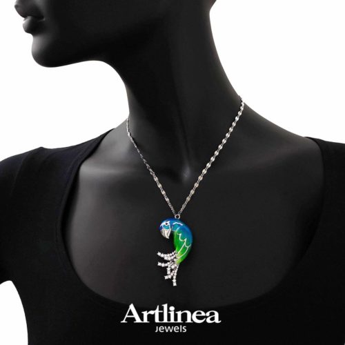 Silver enameled medium parrot pendant necklace