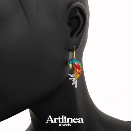 Silver enameled parrot pendant earrings