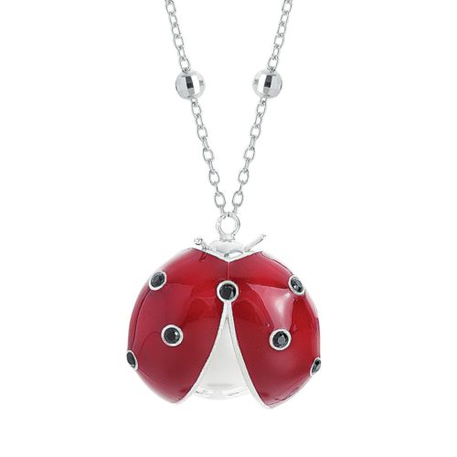 Large enameled ladybug pendant silver necklace