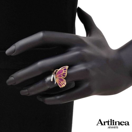 18 kt gold enamelled butterfly ring