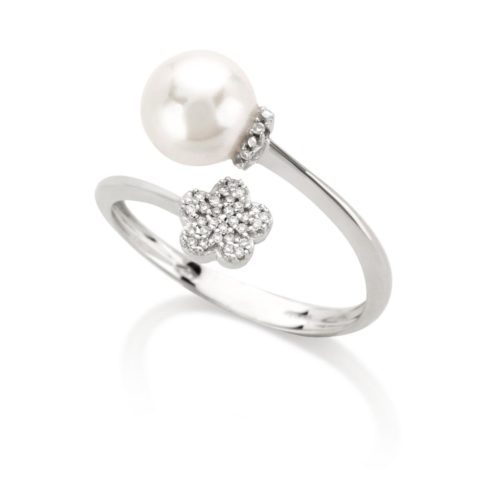 Contrariè ring in 18 kt white gold with diamond pavé flower and sea pearl 7-7.50 mm - AD718-4B