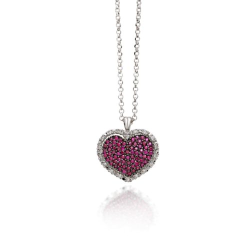 Heart necklace in 18kt white gold with pavé diamonds and precious stones - CD342