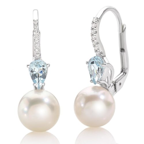 Hook earrings in 18 kt white gold with aquamarine, diamonds and sea pearl 8.50 - 9 mm - OD396/AC-LB