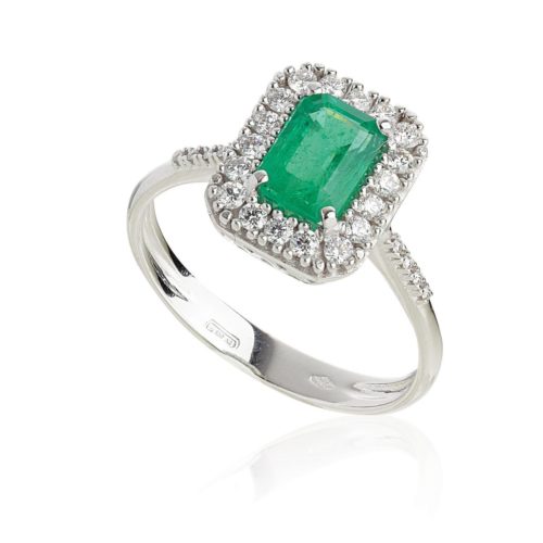 18kt white gold ring with diamonds and natural emerald - AD883/SM-LB