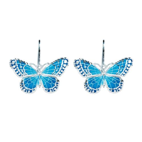 Large silver enameled butterfly earrings