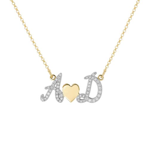 Double initials necklace with diamond pavé in 18kt gold joined by a heart - CD12/ID