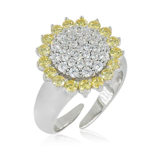 Sunflower ring in 925 rhodium silver with white and colored zircons pave - ZAN566