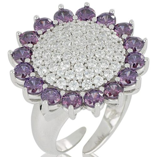 Sunflower ring in 925 rhodium silver with white and colored zircons pave - ZAN567