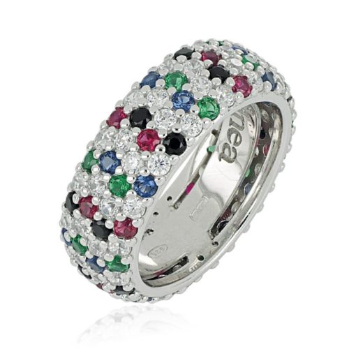 Band ring in rhodium-plated 925 silver with pavé of white and colored zircons - ZAN577MX