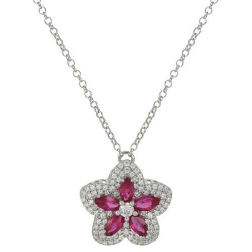 Necklace with flower pendant in rhodium-plated 925 silver with white and colored zircons - ZCL1424