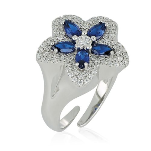 Flower ring in rhodium plated 925 silver with pavé of white and colored zircons - ZAN568