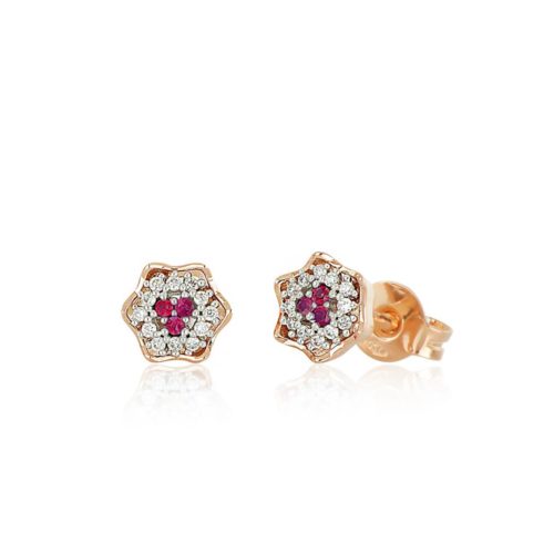 18 kt gold flower earrings with natural white diamonds and precious stones