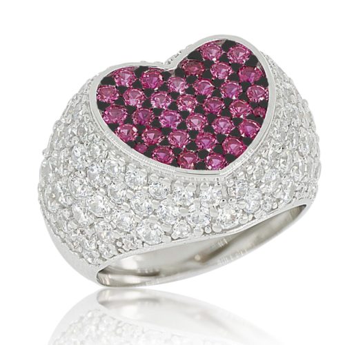 Heart ring in rhodium plated 925 silver with white and colored zircon pavé - ZAN582