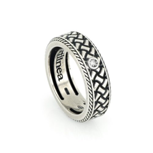 Ring in burnished 925 Silver with Diamond and herringbone pattern - ZAU003D-LM