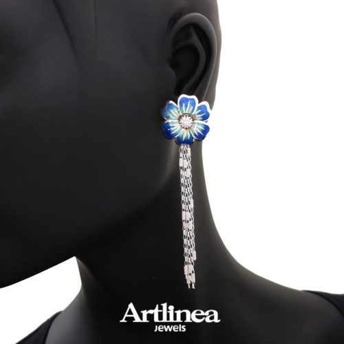 Silver enameled flower earrings
