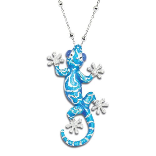 Silver necklace with large enameled gecko pendant