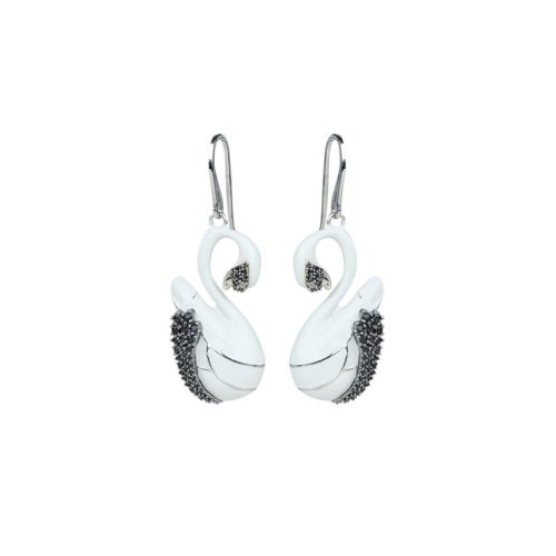 Silver enamel swan pendant earrings