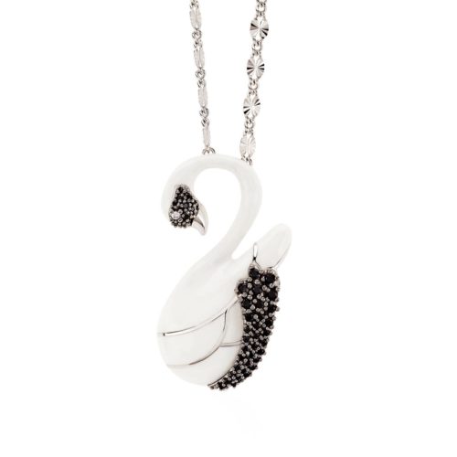 Enamelled medium swan silver pendant necklace