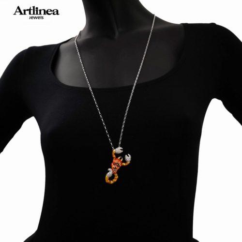 Silver necklace with large enameled scorpion pendant