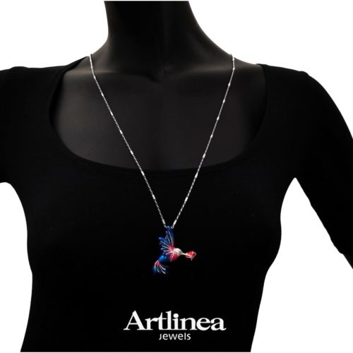 Silver necklace with large enameled hummingbird pendant