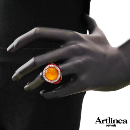 925 rhodium silver ring, handmade enamelling, with mother-of-pearl base hydrothermal and cubic zirconia