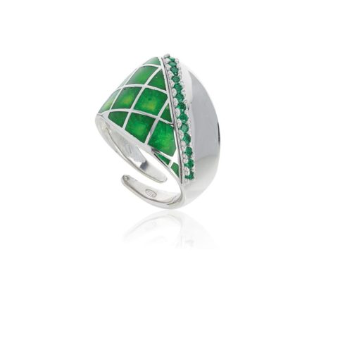 Ring in 925 rhodium-plated silver, hand-made enamelling, and cubic zirconia