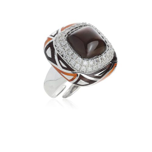 925 rhodium silver ring, hand made enamelling, with stone and cubic zirconia