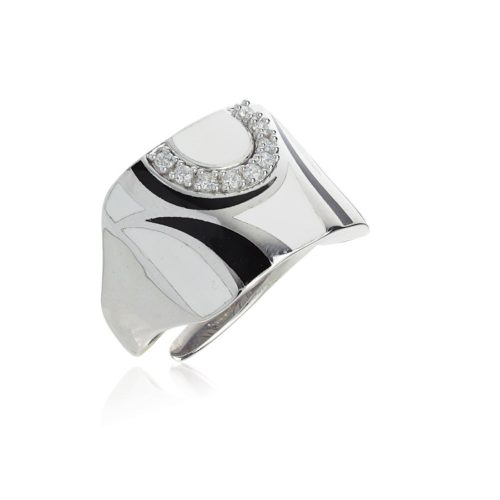 Ring in 925 rhodium-plated silver, hand-made enamelling, and cubic zirconia