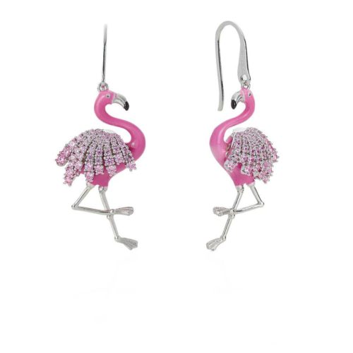 Flamingos earrings in 925 silver, rhodium plated, orange yellow enamel, and cubic zirconia - ZOR1231-MB
