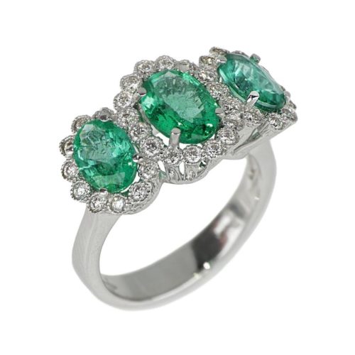 Rhodium-plated 18 kt white gold ring with 3 oval cut natural emeralds - AD531-LB