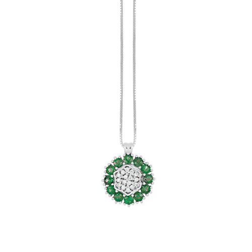 18 kt gold flower pendant necklace with natural white diamonds and precious stones