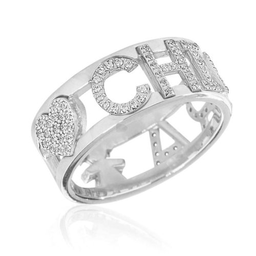 Silver band ring customizable with zircon letters, numbers and symbols - ZAS7-LB