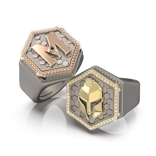 Men's Titanium Ring with hexagonal Gold inserts - AT03