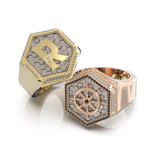 Men's Gold Ring with hexagonal Titanium inserts - AT04