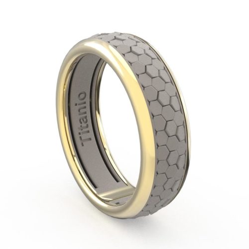 18 kt gold and titanium band ring with hexagonal honeycomb texture - ATU003/
