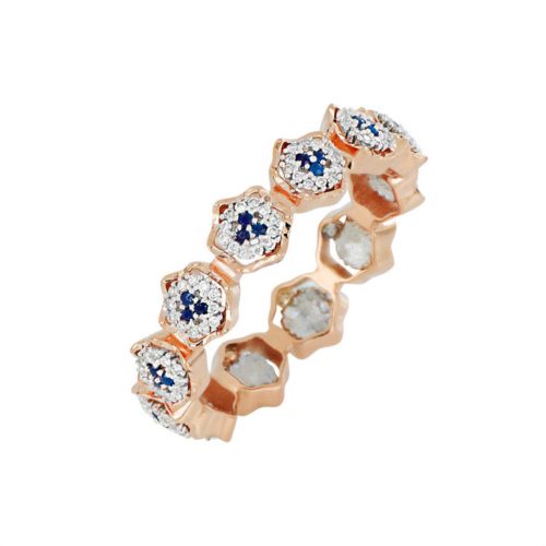 18 kt gold flower ring with natural white diamonds and precious stones - ADF531