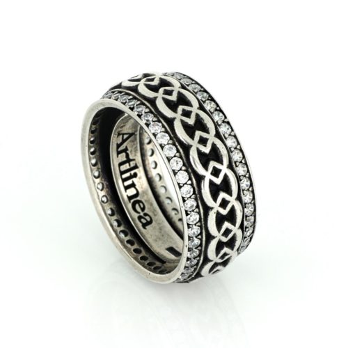 Men's ring in palladium finish silver and black gold with geometric pattern - ZAU007