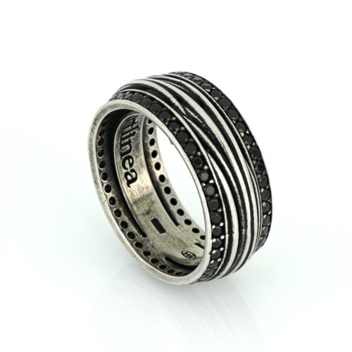 Men's ring in palladium finish silver and black gold with grooved motif and stones - ZAU008