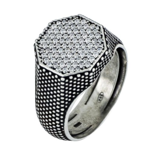 Burnished 925 silver octagon shield ring with pavé - ZAU016