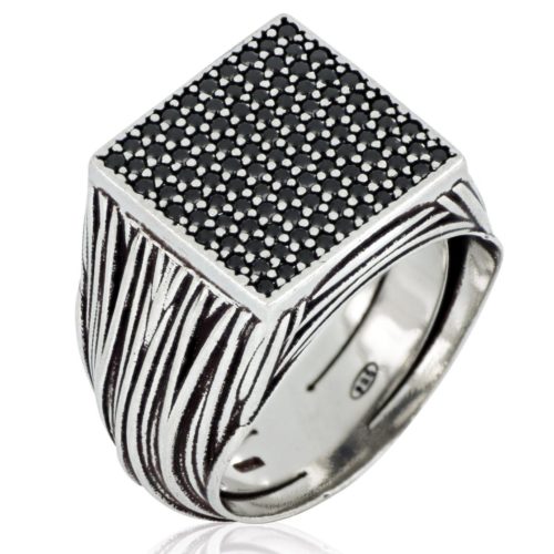 Burnished 925 silver shield ring with pavé - ZAU017